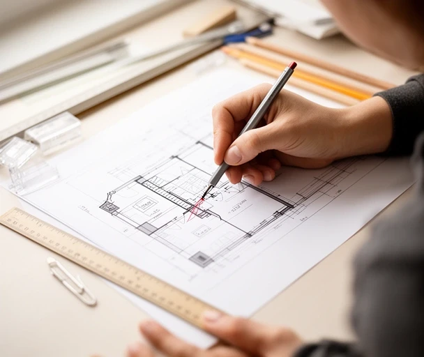Architekt nanosi poprawki na wydruk projektu domu przy biurku