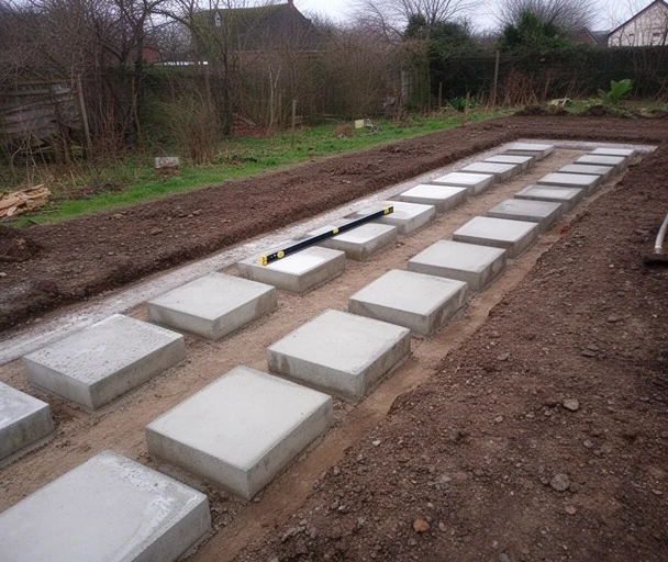 Betonowe bloczki fundamentowe ustawione pod domek na wypoziomowanym terenie